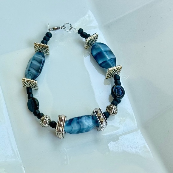 Hand Crafted Blue & Black Hexagon & Metal Bracelet 7.75 inches - Picture 3 of 5